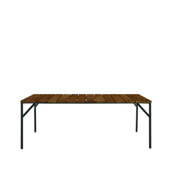 Lapel Dining Set – Elegant outdoor dining with a carbon-lacquered aluminum structure, natural teak top, and woven synthetic resin armchairs for timeless comfort