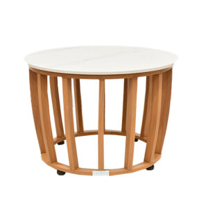 Celine Living Set – teak outdoor furniture with beige webbing and Sunbrella cushions, includes 2 armchairs, 1 loveseat & 1 coffee table, durable weather-resistant design for UAE patios, terraces, and gardens