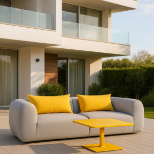 Ideal Living Set modern outdoor furniture with light grey sofas, yellow Sunbrella cushions, and yellow aluminum coffee table for UAE outdoor living