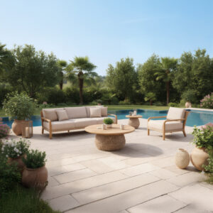 Hazel Living Set luxury outdoor furniture with natural teak frame, rope tables and UV-resistant cushions for UAE outdoor living